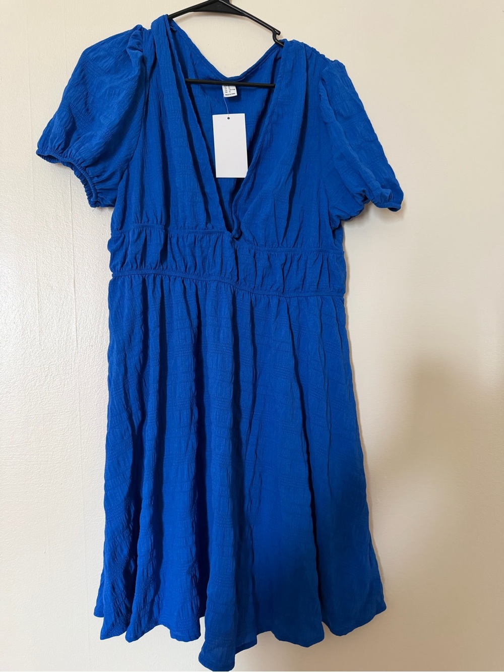 Amazon Royal Blue Mini Dress with V-Neck and Puff Sleeves